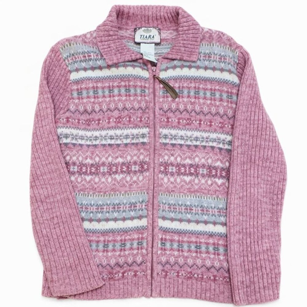 Vintage Y2K 2003 Tiara Pink Fair Isle Nordic Zip Sweater Cardigan S